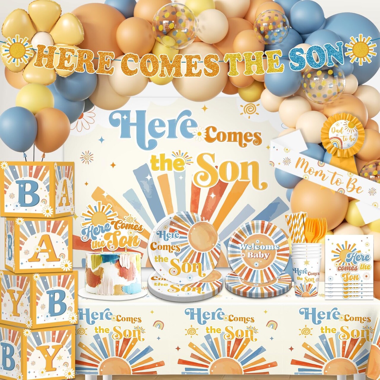 Here Comes The Son Baby Shower Decor, Retro Sun and Sunshine Themed